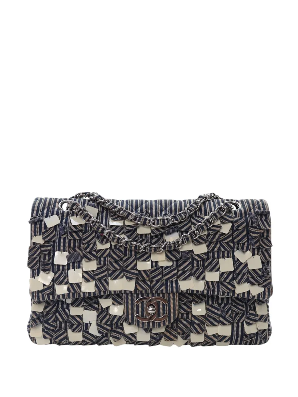 CHANEL Pre-Owned 2006-2008 ミディアム クラシック キャンバス スパンコール ストライプ ダブルフラップ CHANEL Pre-Owned 2006-2008 ミディアム クラシック キャンバス スパンコール ストライプ ダブルフラップ