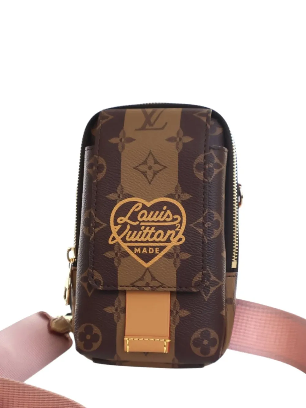 Pre-owned Louis Vuitton 2021-2025 Nigo Monogram Reverse Double Phone Pouch Crossbody Bag In Brown