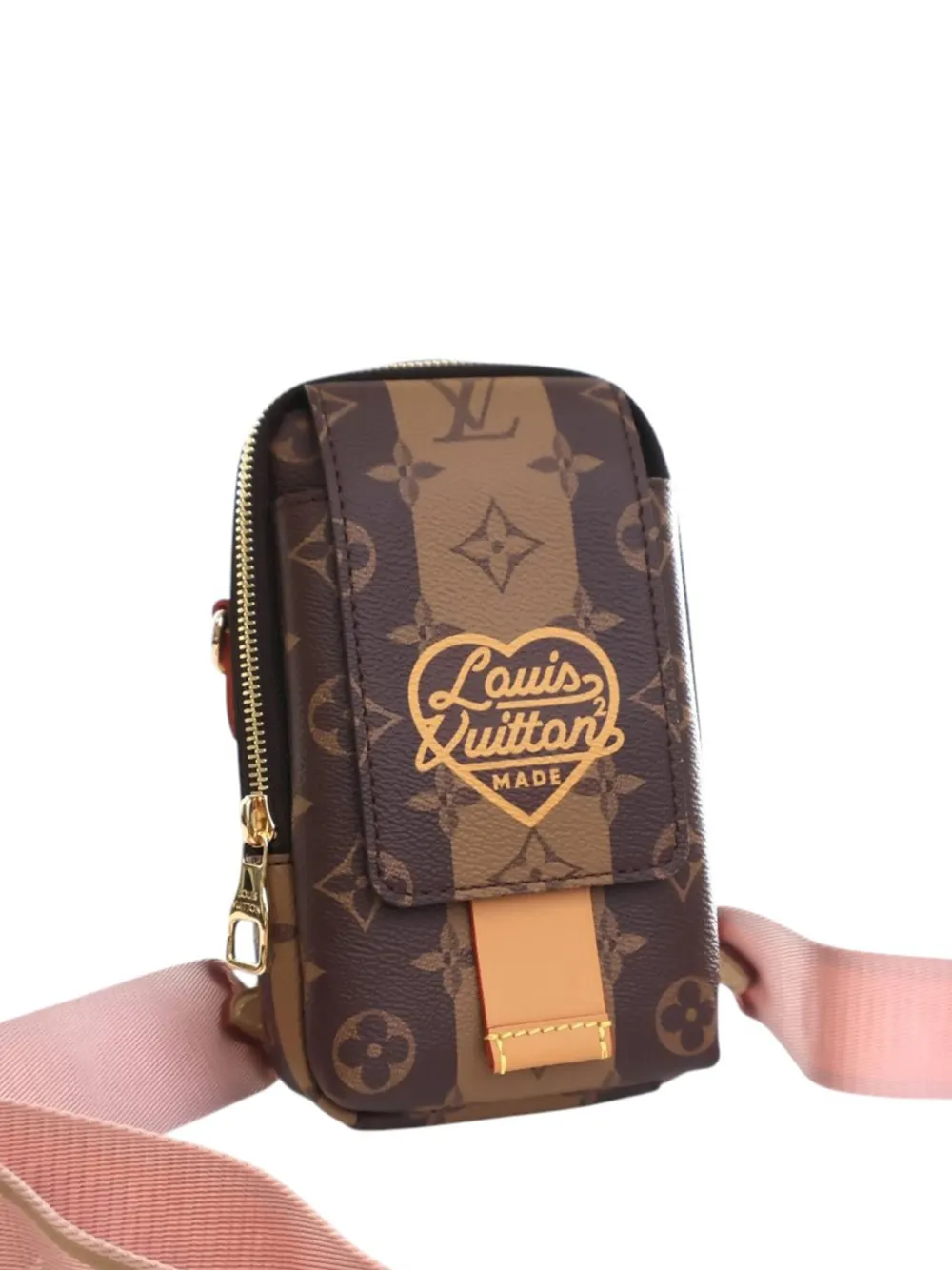 Pre-owned Louis Vuitton 2021-2025 Nigo Monogram Reverse Double Phone Pouch Crossbody Bag In Brown