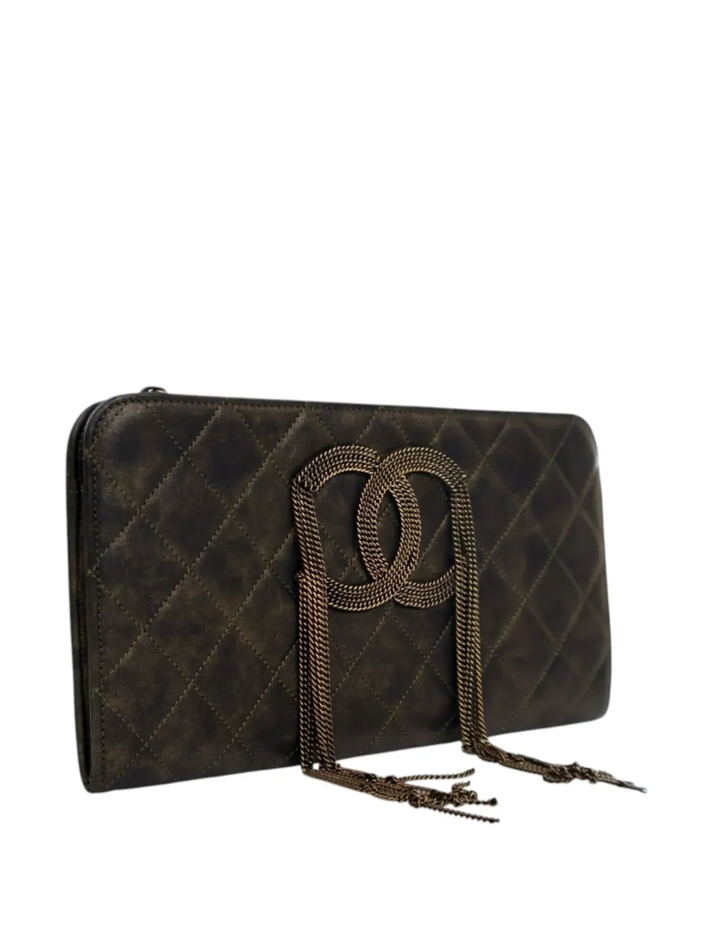 Pre-owned Chanel 2010-2011 Metallic Lambskin Cc Chain Fringe Clutch Bag In Black