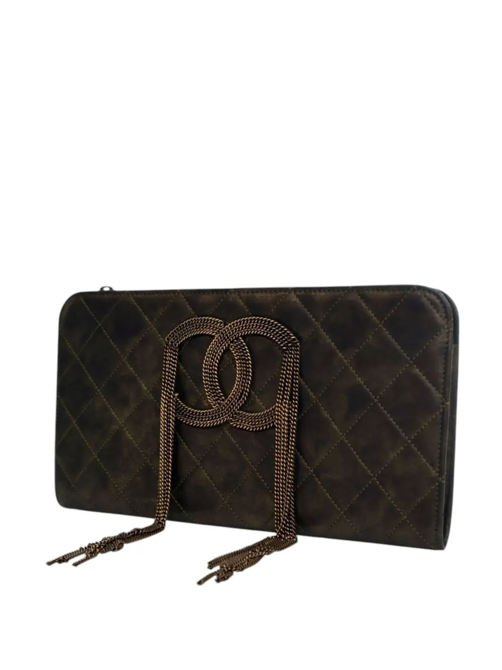 Pre-owned Chanel 2010-2011 Metallic Lambskin Cc Chain Fringe Clutch Bag In Black