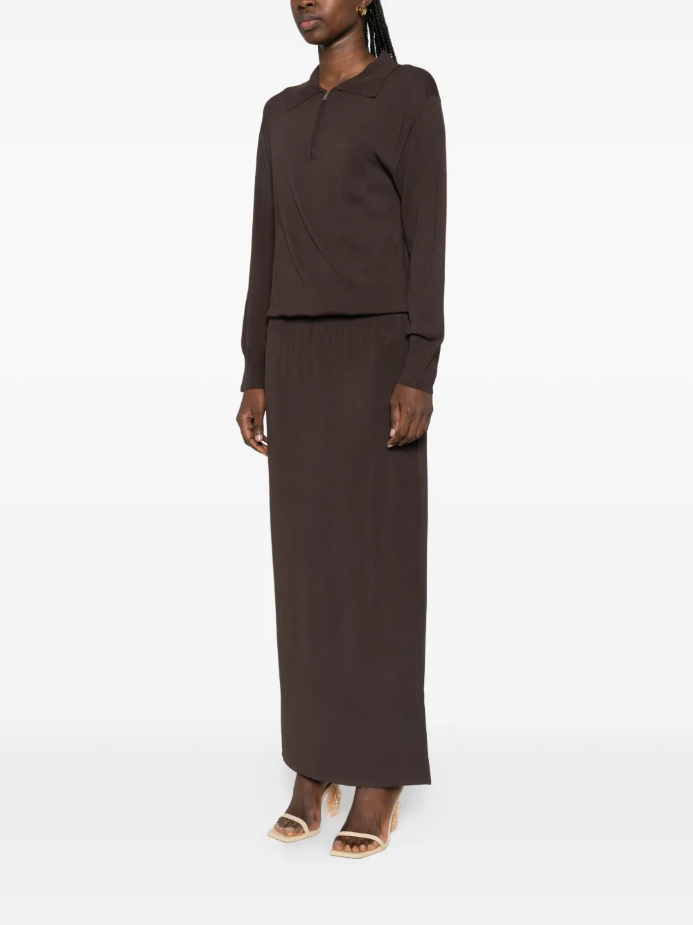  Brandon Maxwell Sabine Quarter-zip Maxi Dress - Brown 