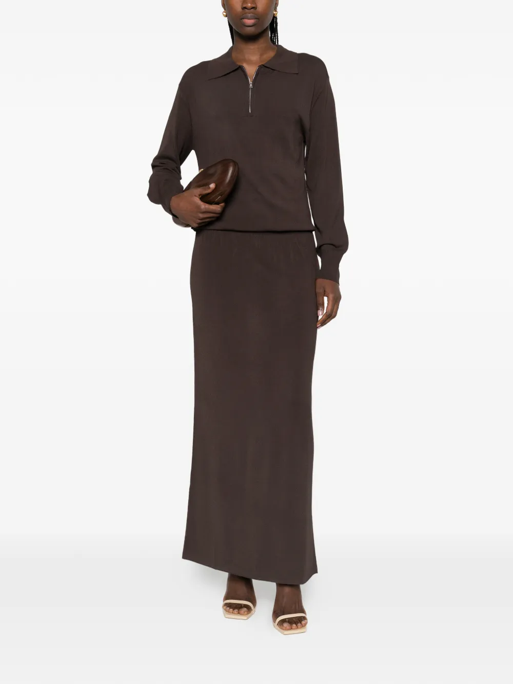  Brandon Maxwell Sabine Quarter-zip Maxi Dress - Brown 