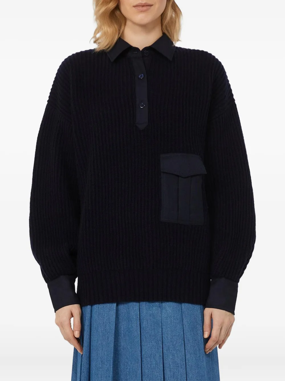  Weekend Max Mara Vanda Ribbed Pocket Sweater - Bleu 