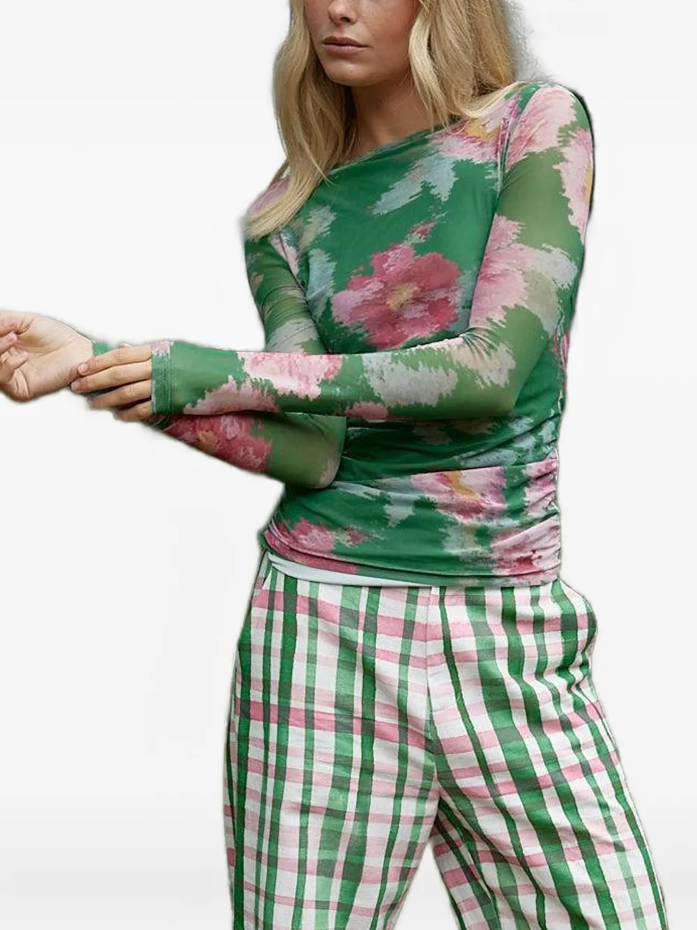 Aston Studio Ezli Floral Mesh Long-sleeve T-shirt In Green