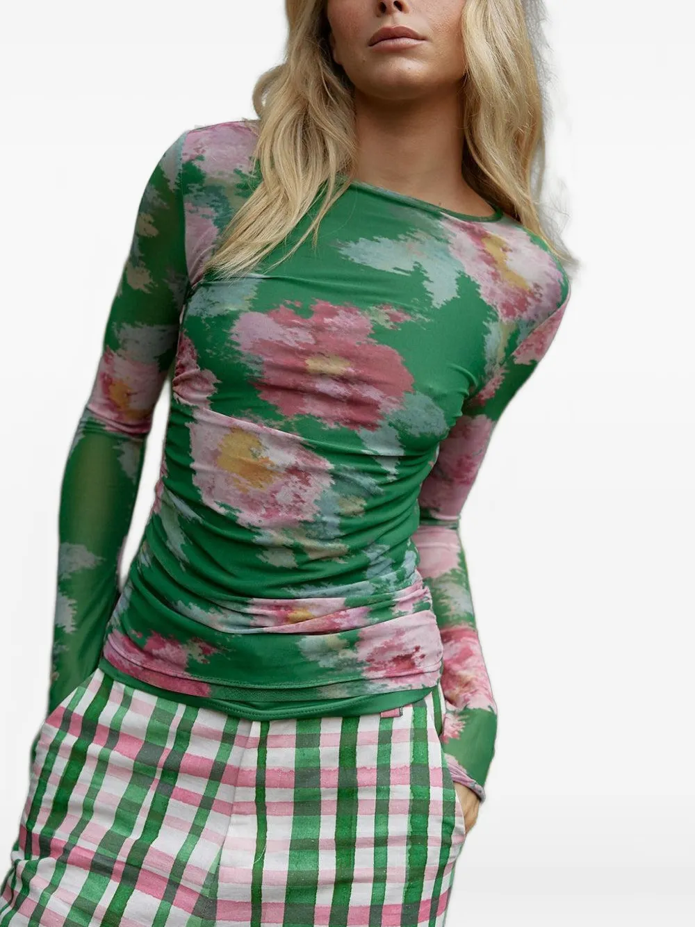 Aston Studio Ezli Floral Mesh Long-sleeve T-shirt In Green
