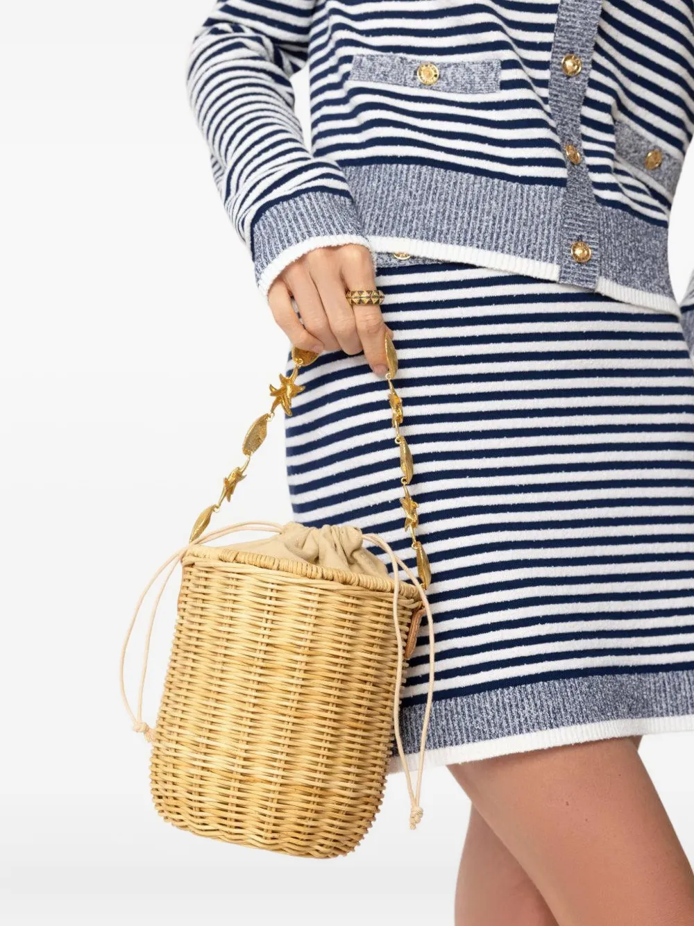 Poolside Island shell-embellished bucket bag Beige