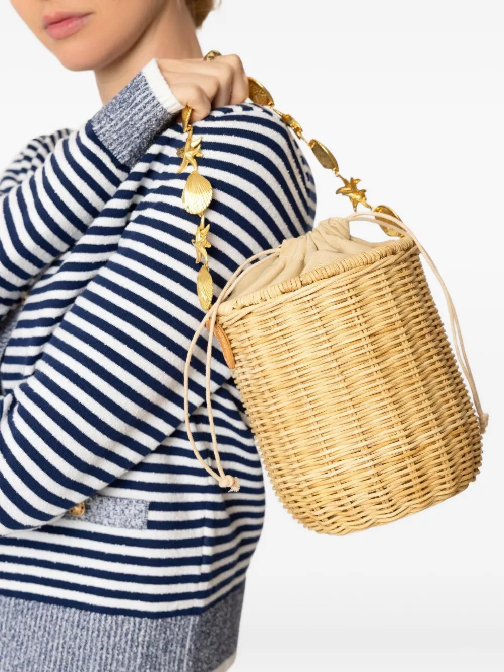 Poolside Island shell-embellished bucket bag Beige