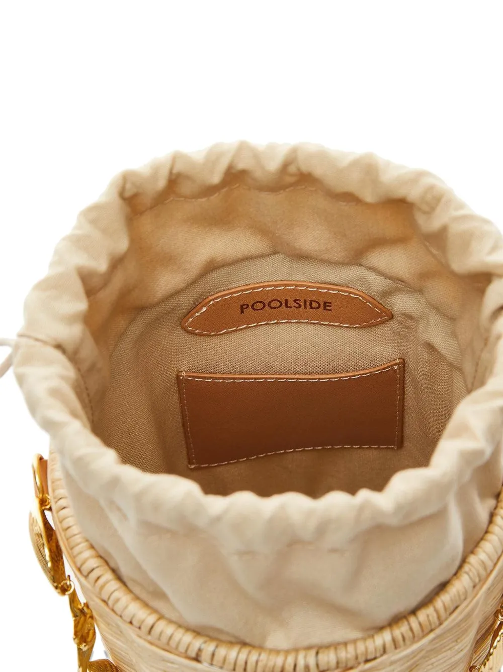 Poolside Island shell-embellished bucket bag Beige