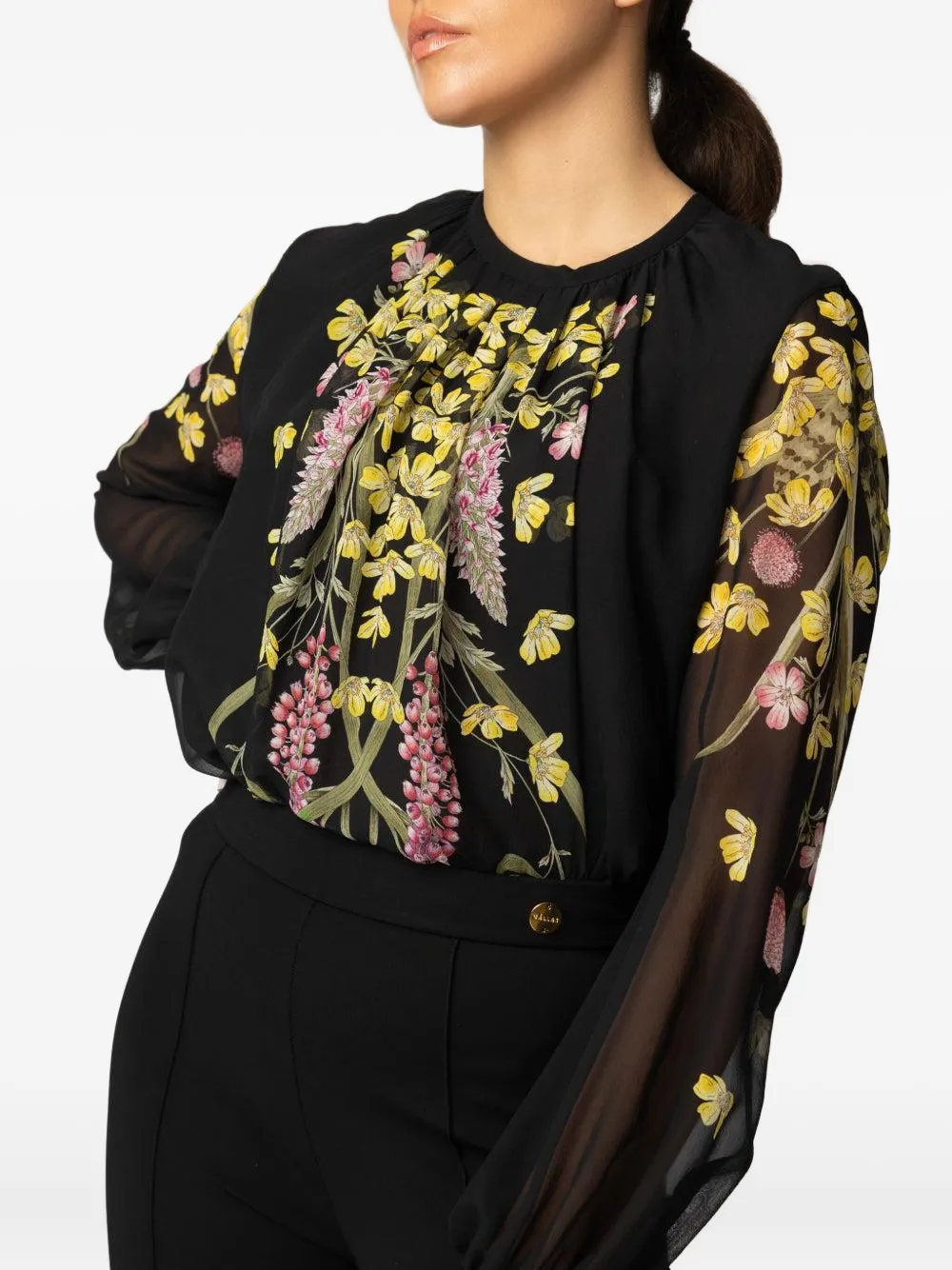 Giambattista Valli Floral-print Long-sleeve Blouse In Black