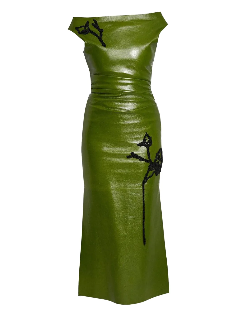 Erdem Embroidered Off-shoulder Leather Midi Dress In Green