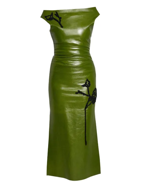 ERDEM embroidered off-shoulder leather midi dress