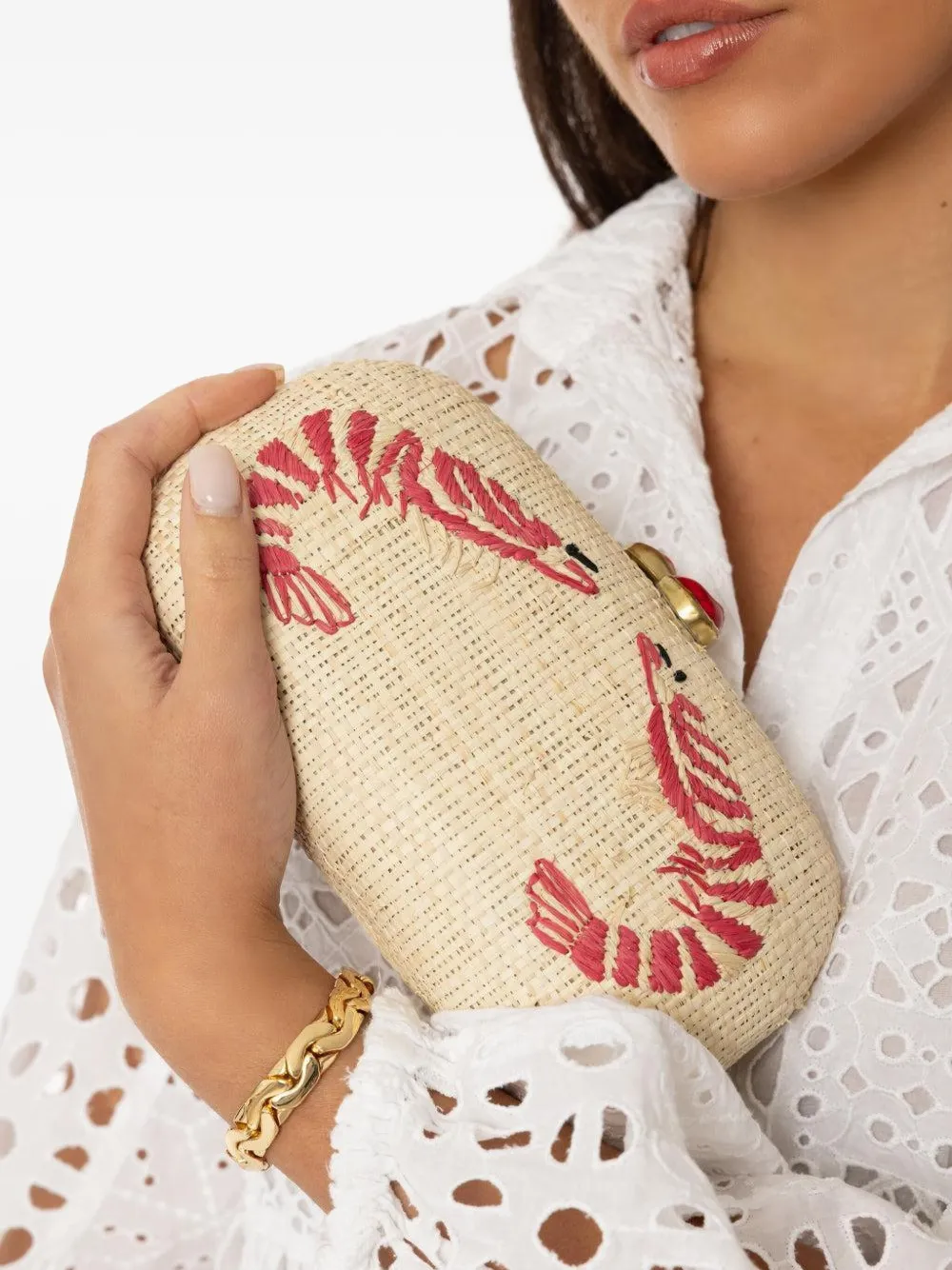 Pamela Munson Shrimp Cocktail Embroidered Raffia Clutch In Neutral