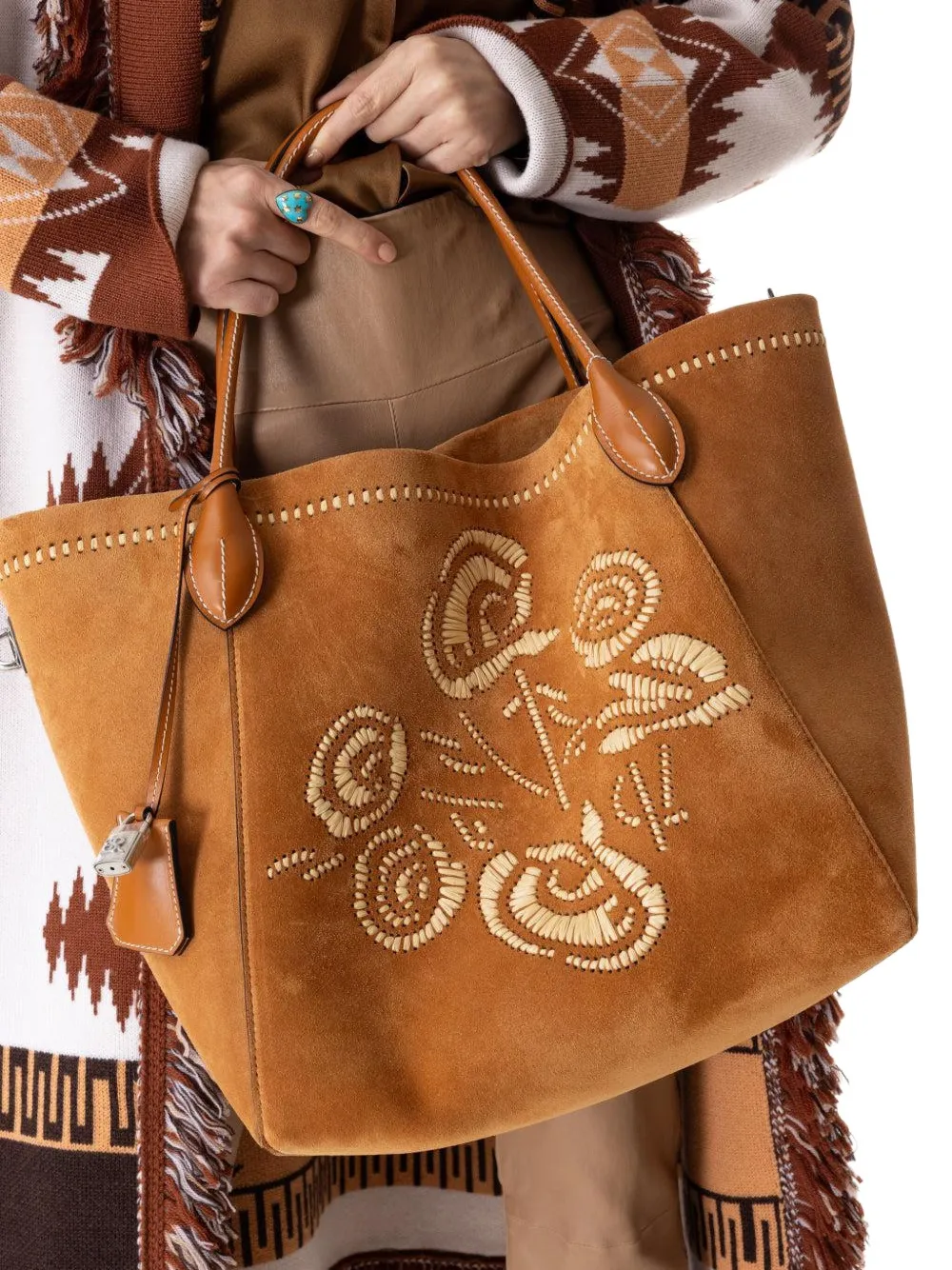 Ermanno Scervino Embroidered Suede Tote Bag In Brown