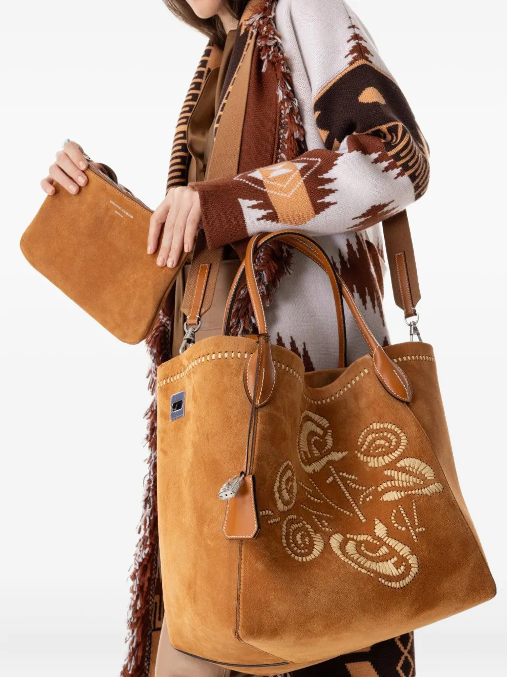 Ermanno Scervino embroidered suede tote bag - Bruin
