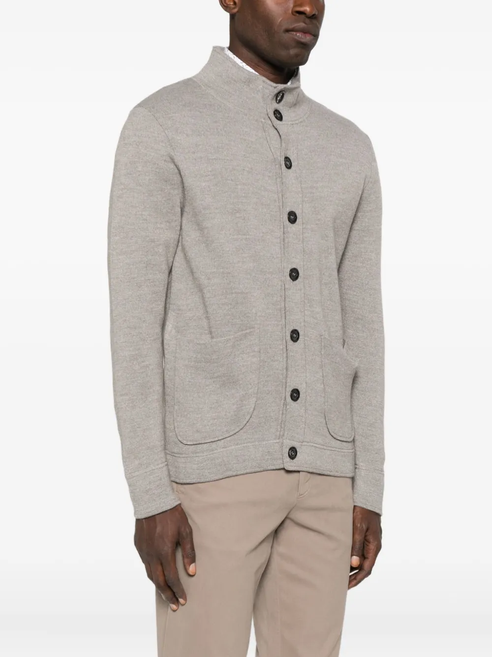 Sand Mock-neck Patch-pocket Cardigan In Gray