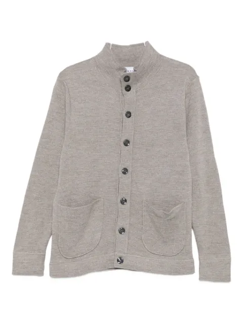 Sand mock-neck patch-pocket cardigan