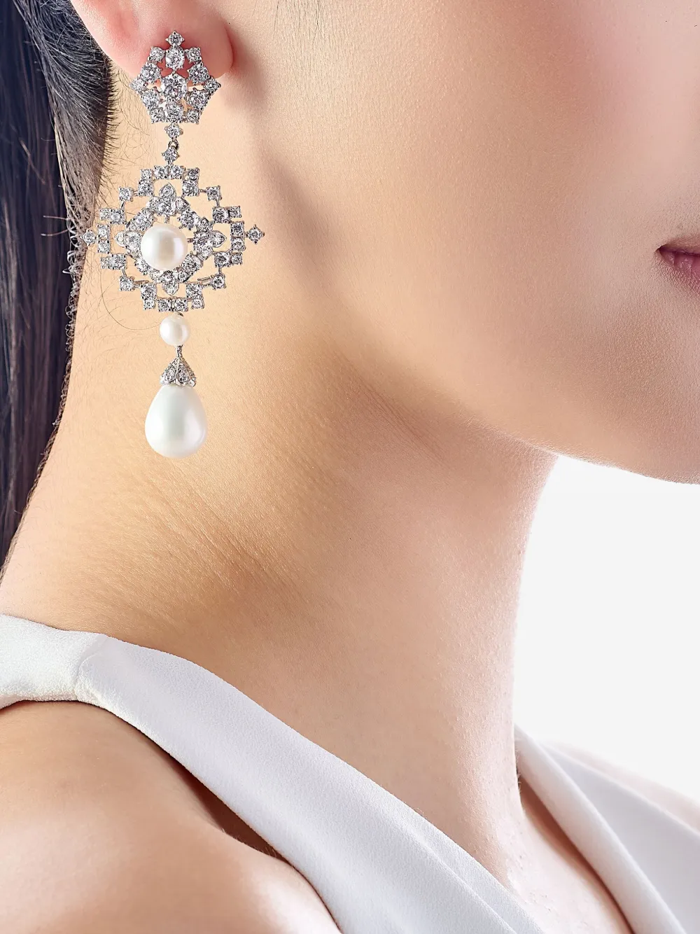 Anabela Chan Rhodium Vermeil Pixelise Pearl And White Diamond Earrings In Metallic