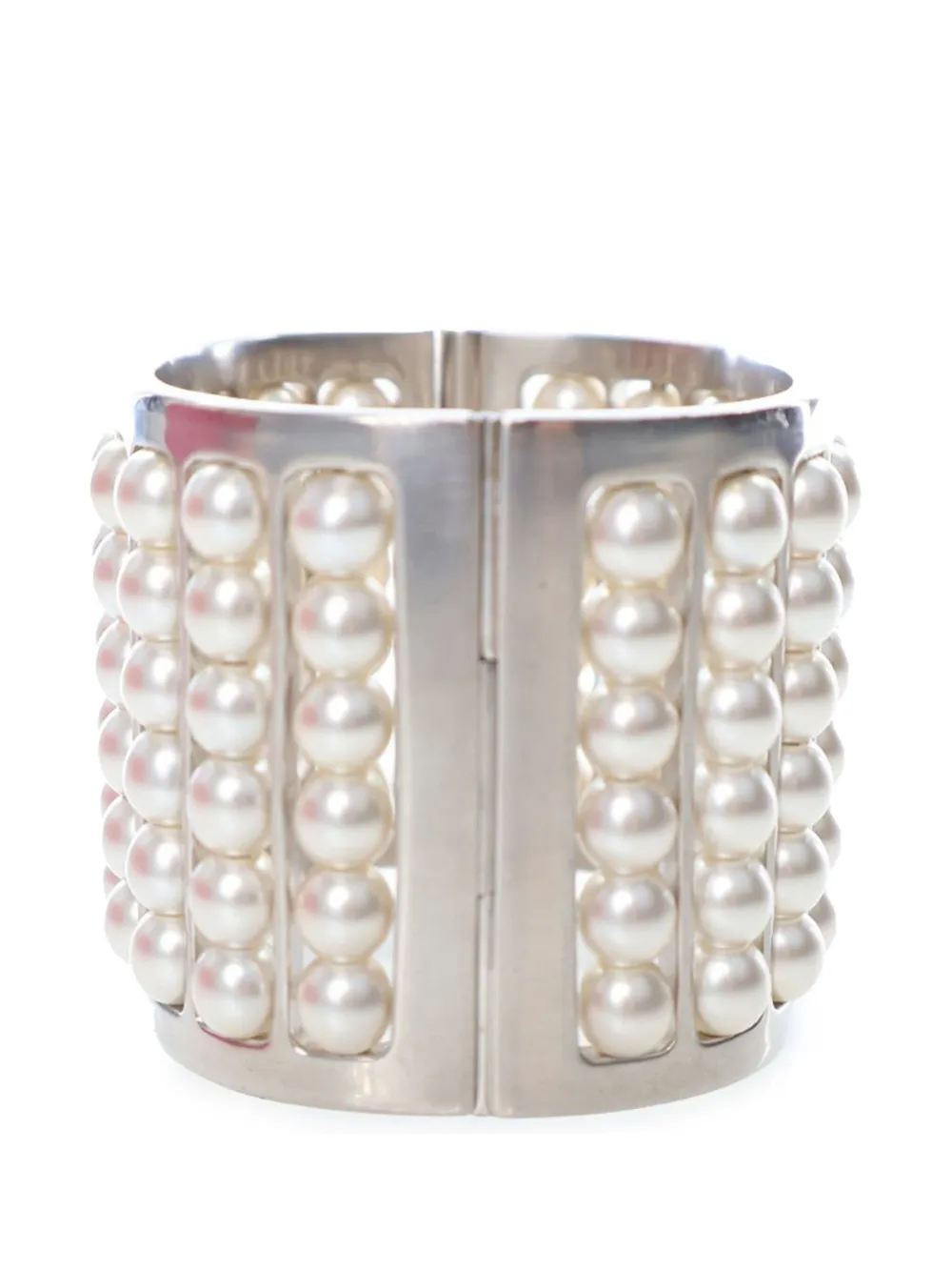 Pre-owned Chanel 2015 Silver Plated Wide Pearl Cuff Bracelet Costume Bracelet In White