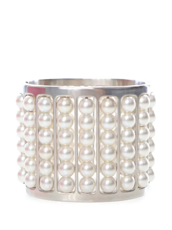CHANEL Pre-Owned 2015 Silver Plated Wide Pearl Cuff Bracelet