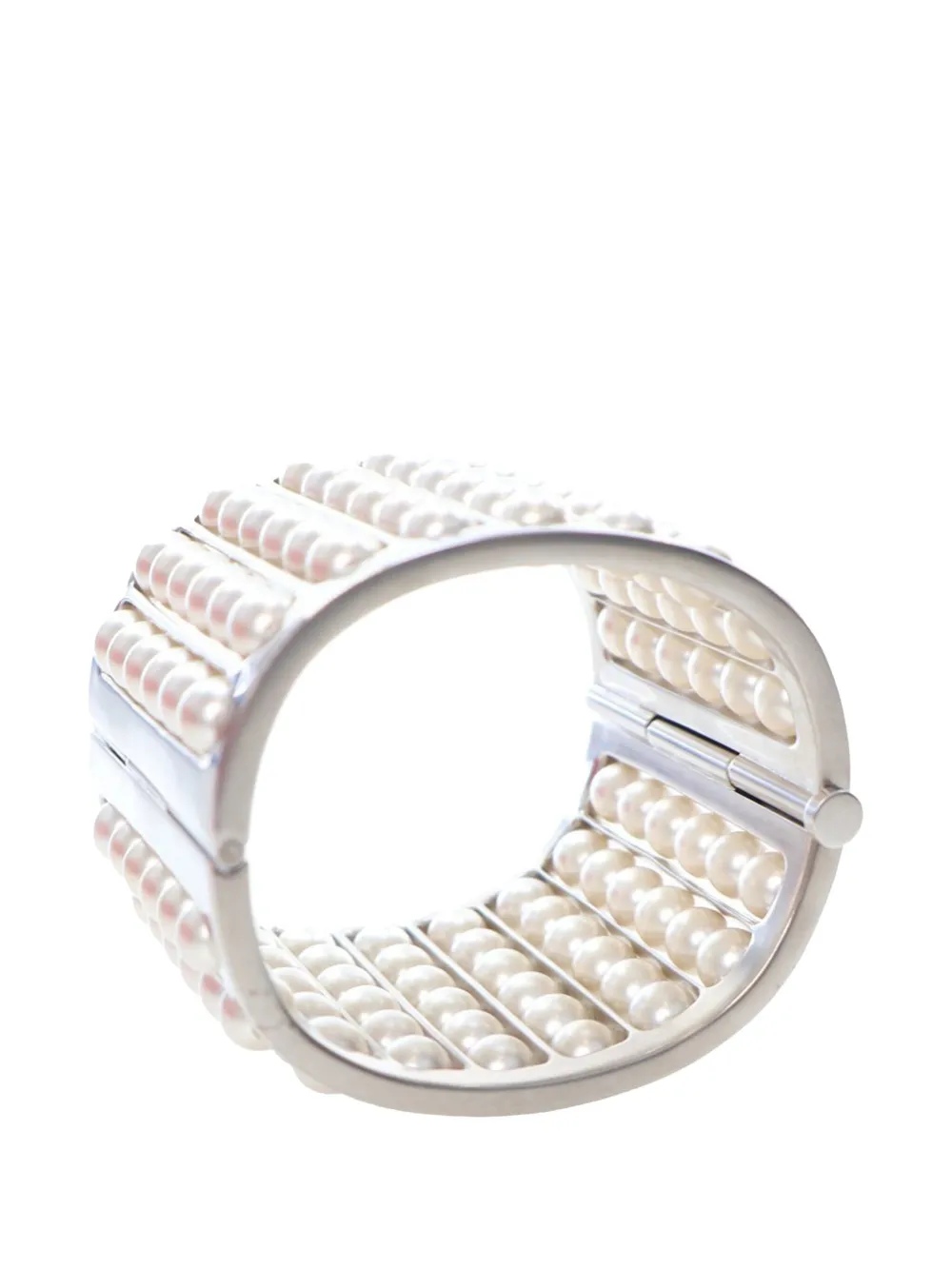 Pre-owned Chanel 2015 Silver Plated Wide Pearl Cuff Bracelet Costume Bracelet In White