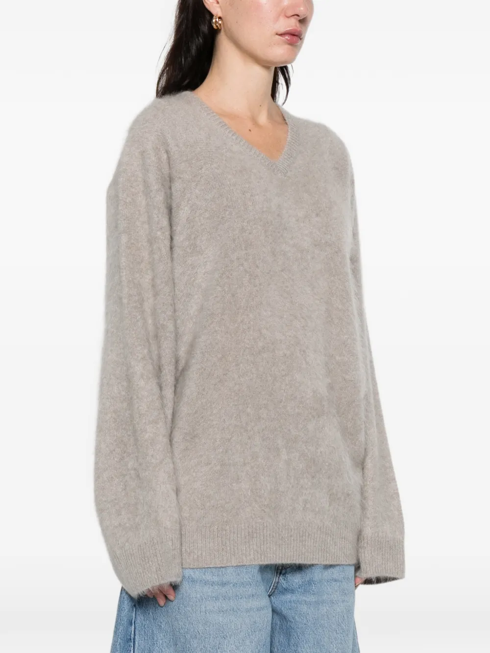 Soft Goat Brushed V-neck Sweater In Gray