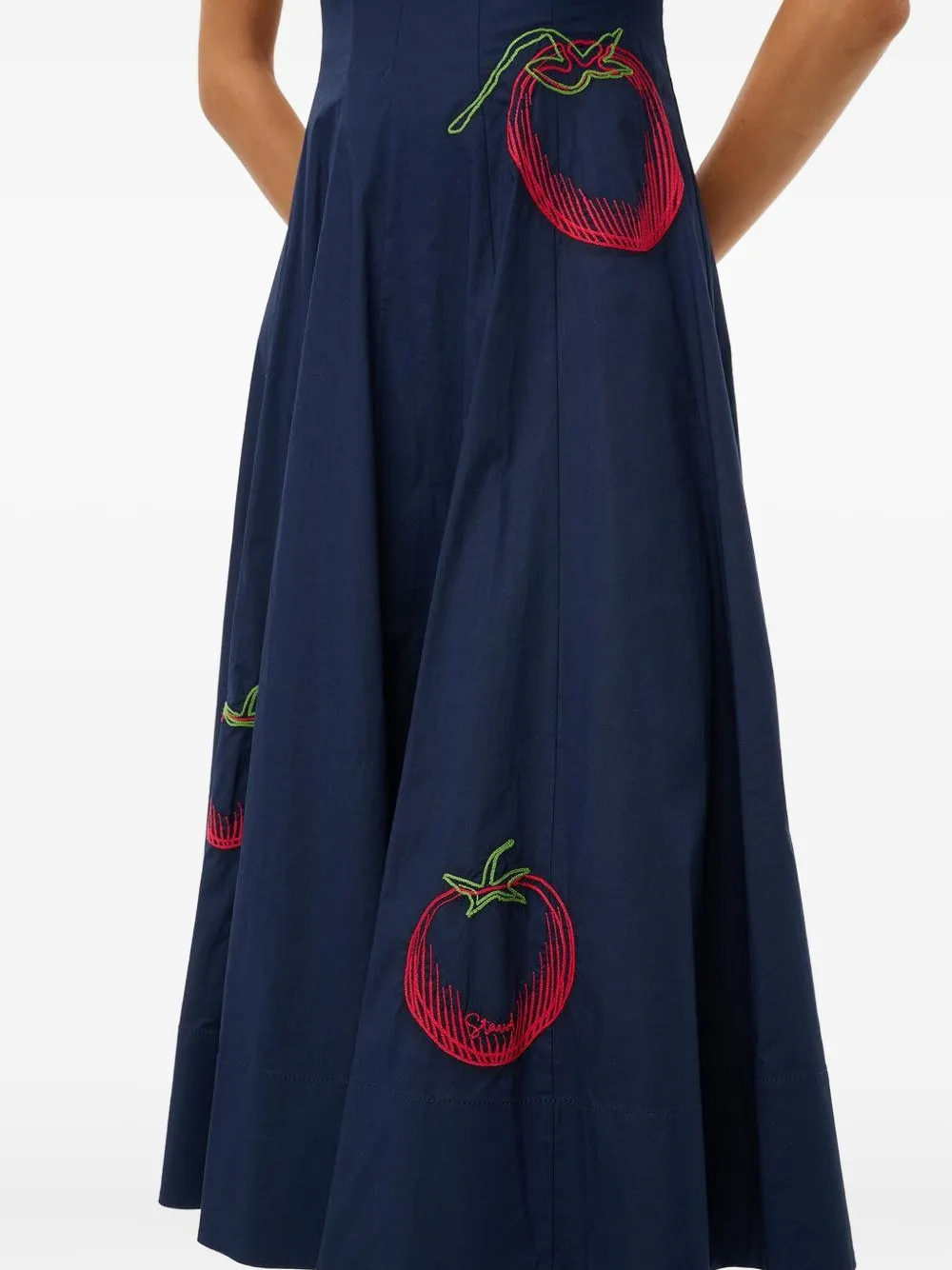 STAUD Wells tomato-embroidered midi dress Blauw