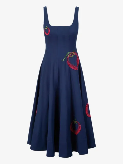 STAUD Wells tomato-embroidered midi dress