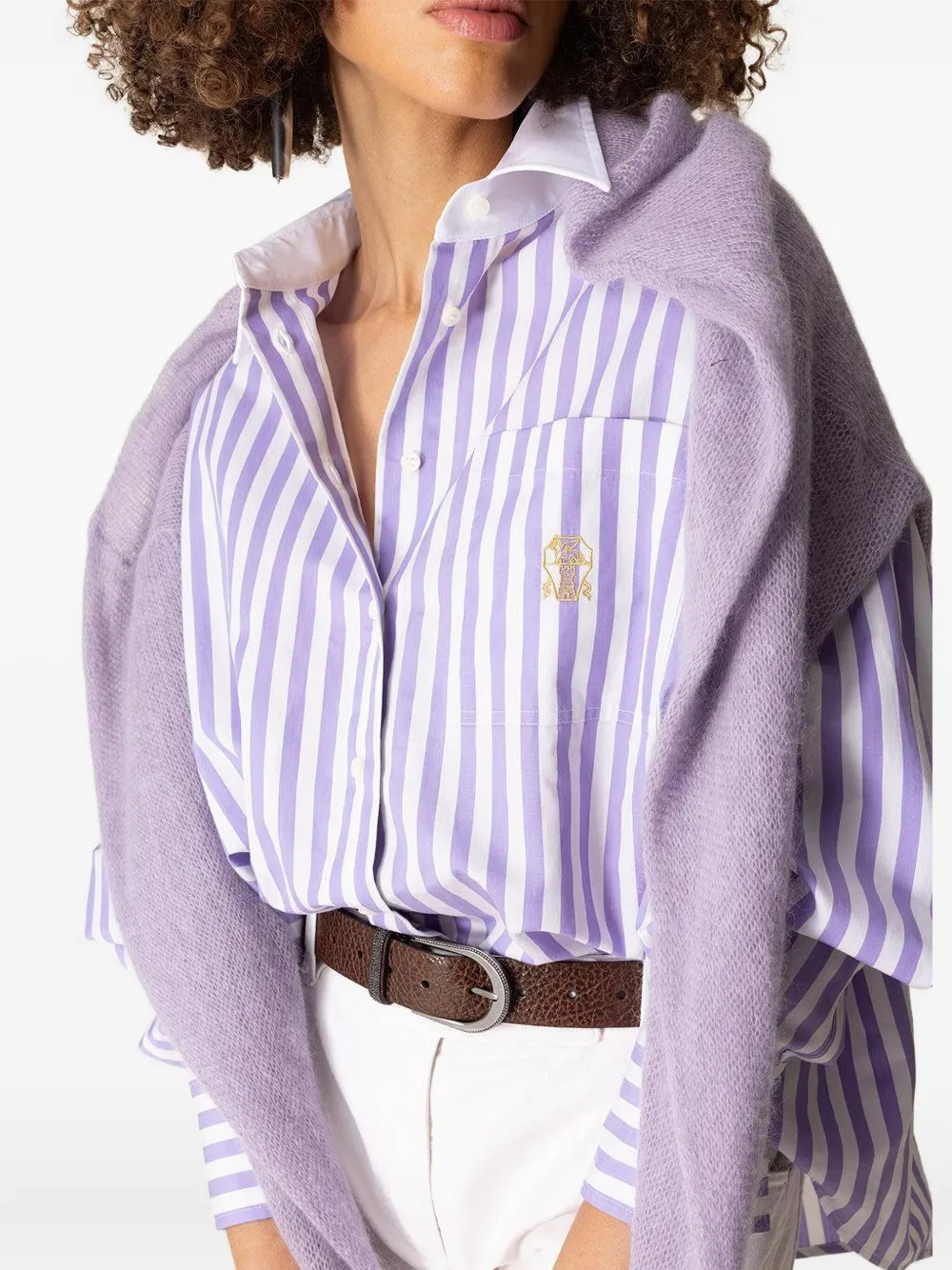Brunello Cucinelli Striped Logo-embroidered Shirt In Purple