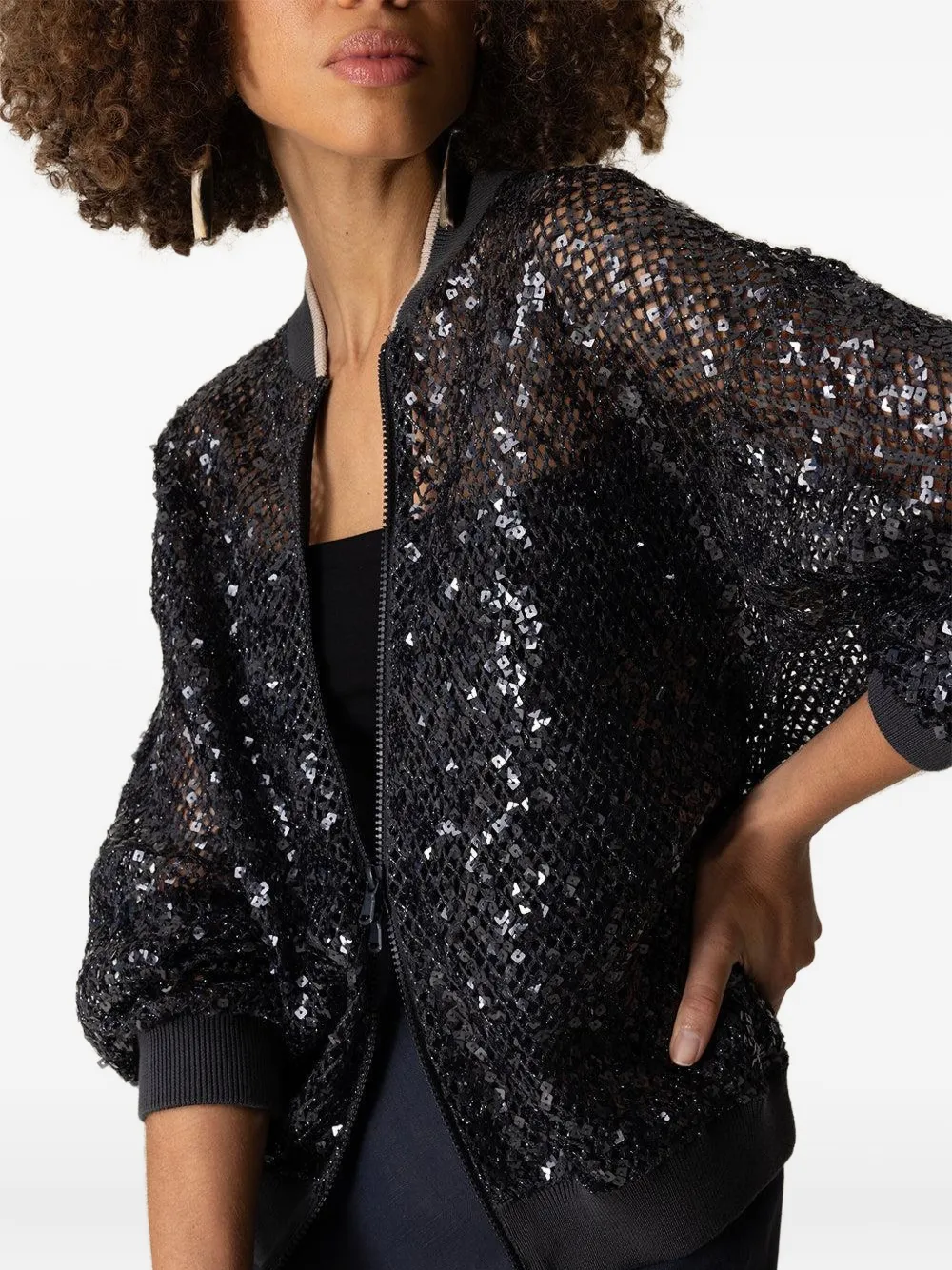 Brunello Cucinelli sequin-knitted bomber jacket Zwart
