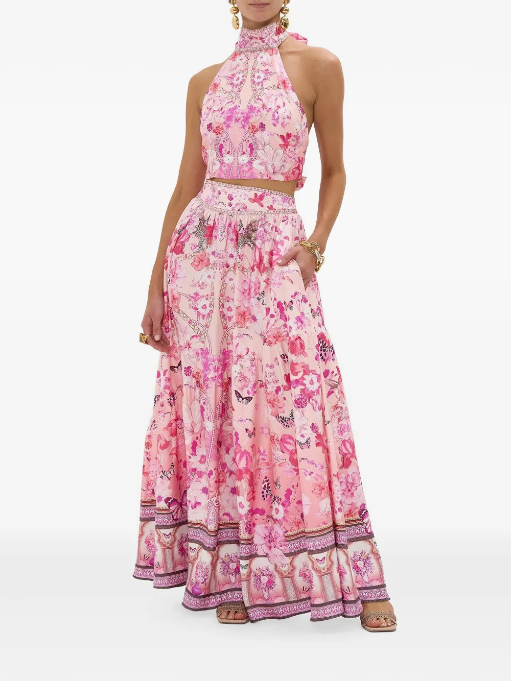 Camilla floral-print tiered skirt - Roze