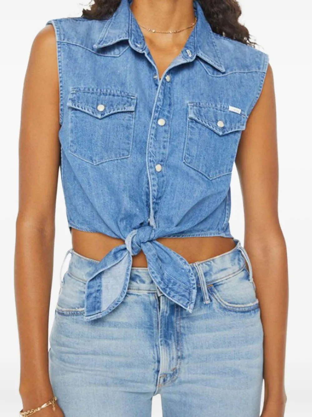 MOTHER knotted sleeveless denim top MTIMEMST BLUE