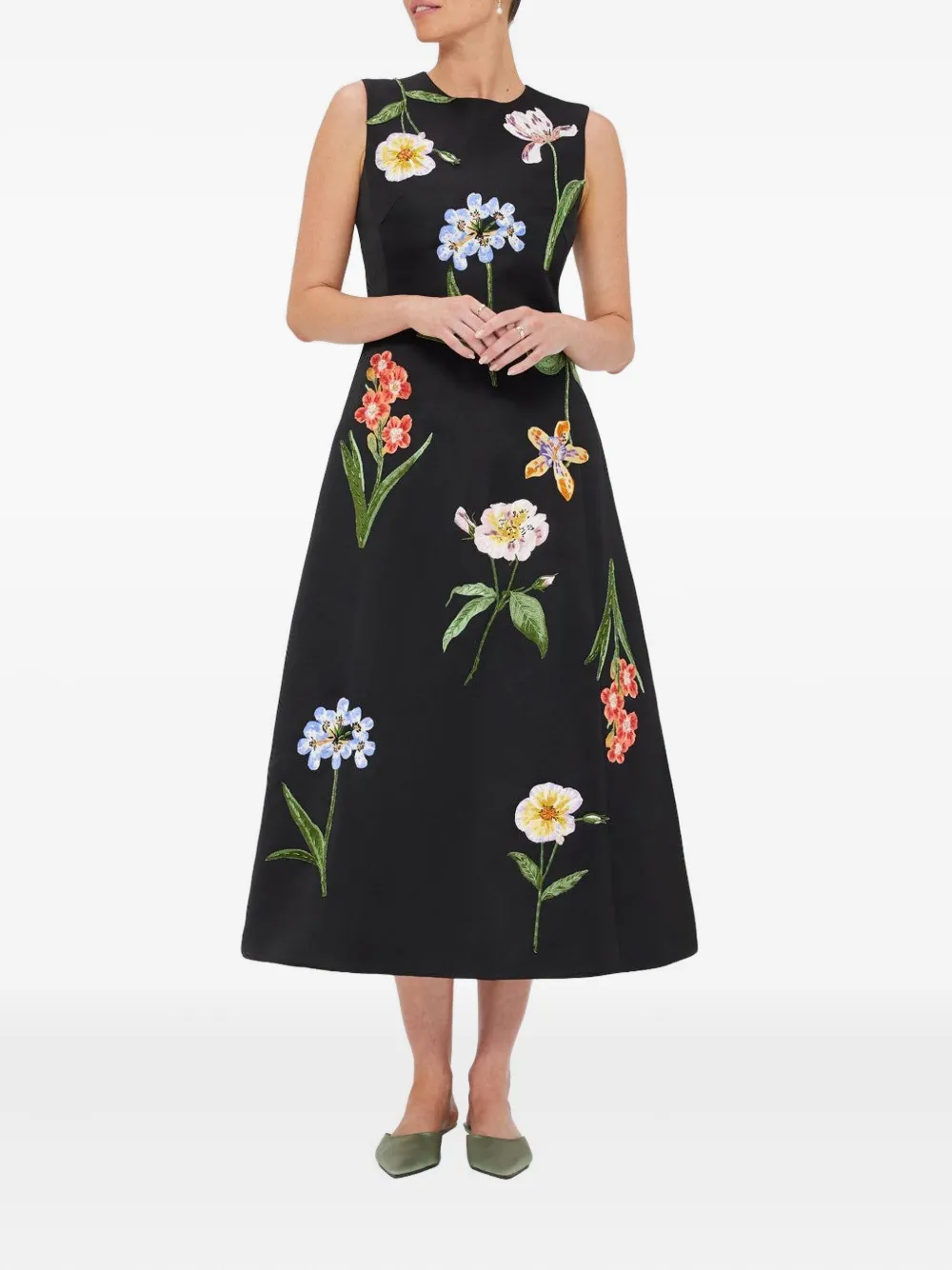 Leo Lin floral embroidered midi dress - Zwart
