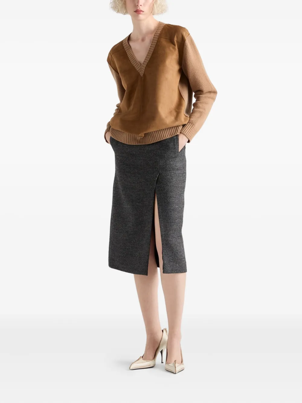 Prada Cashmere, Wool And Suede V-neck Sweater In Brown