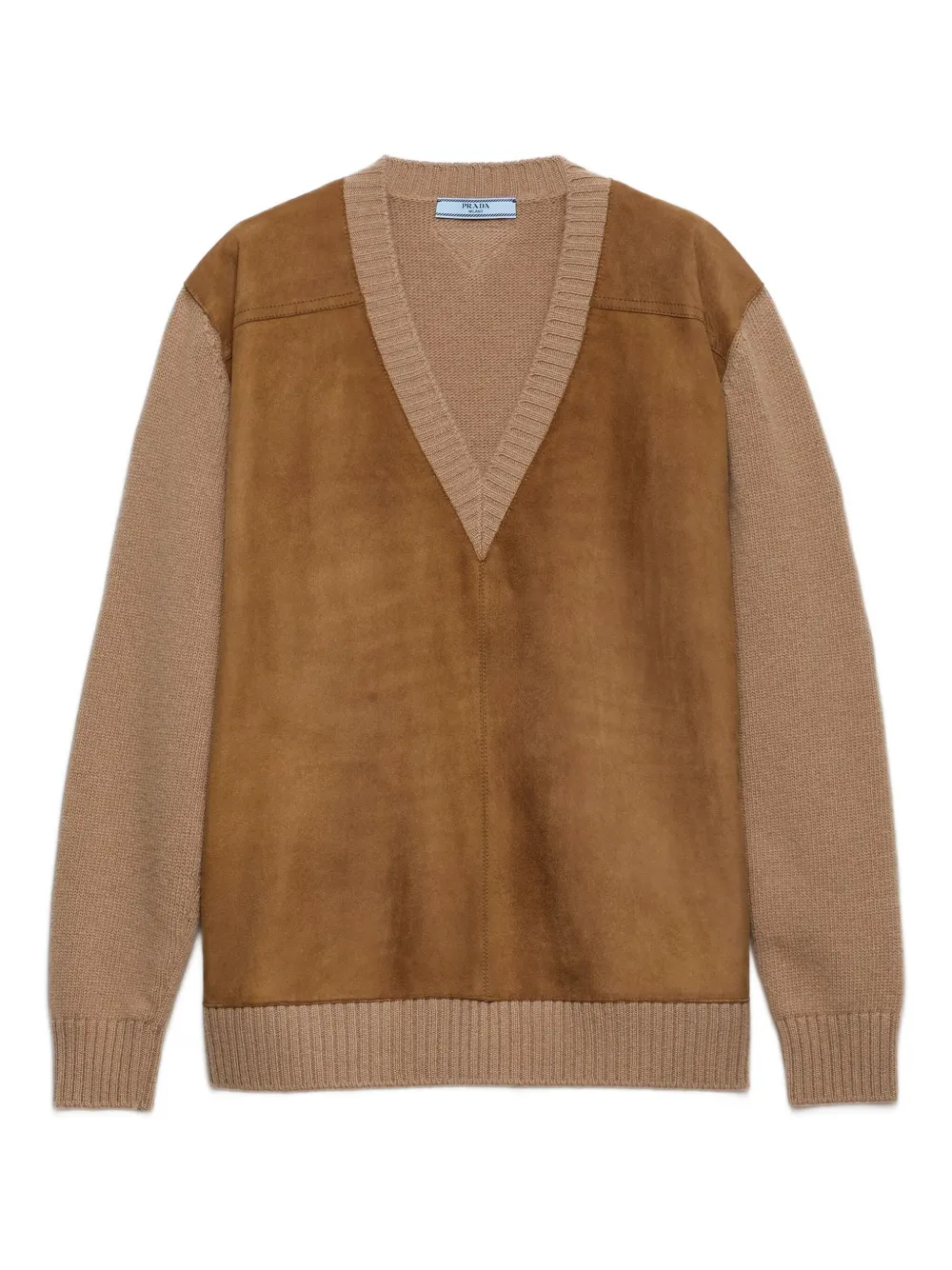 Prada Cashmere, Wool And Suede V-neck Sweater In Brown