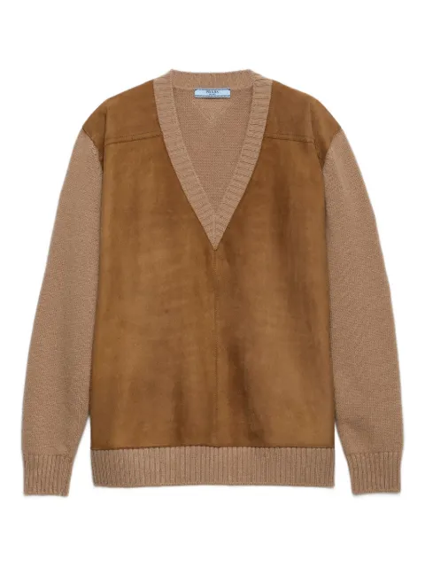 Prada suede-panel V-neck sweater