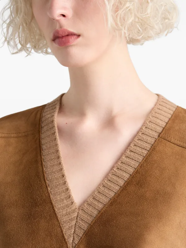Prada suede-panel V-neck Sweater | Brown | FARFETCH
