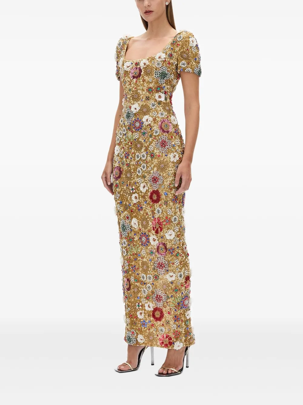 Rachel Gilbert Francesca Embellished Floral Maxi Dress In Gold