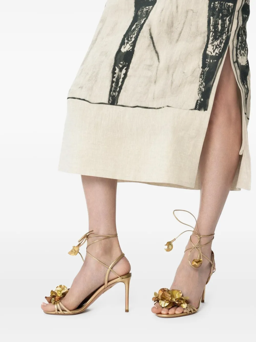 Aquazzura Summer Sun Flower-embellished Lace-up Sandals In Gold