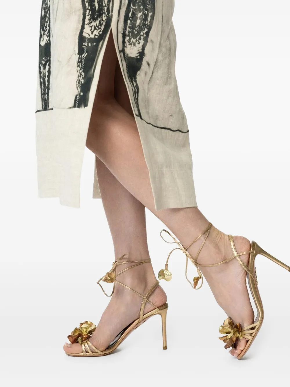 Aquazzura Summer Sun Flower-embellished Lace-up Sandals In Gold