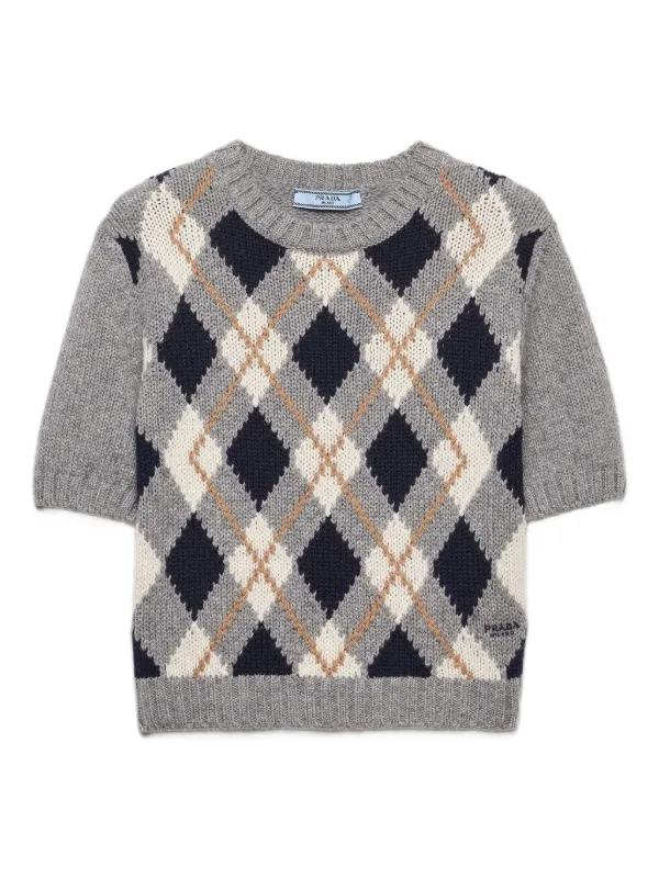 トップス Prada argyle v neck knit sweater PRADA Argyle-Pattern V-Neck Cotton Knit Sweatshirt | endource