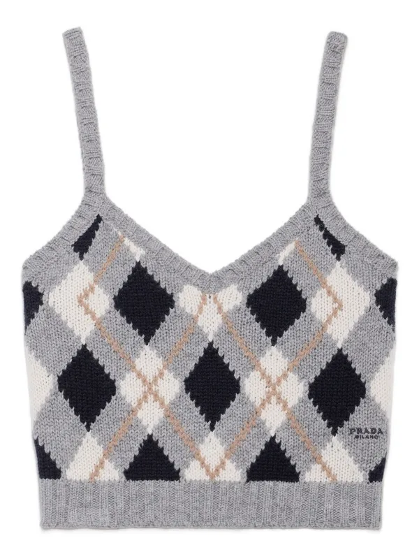 Prada argyle-pattern Ribbed Top | Grey | FARFETCH