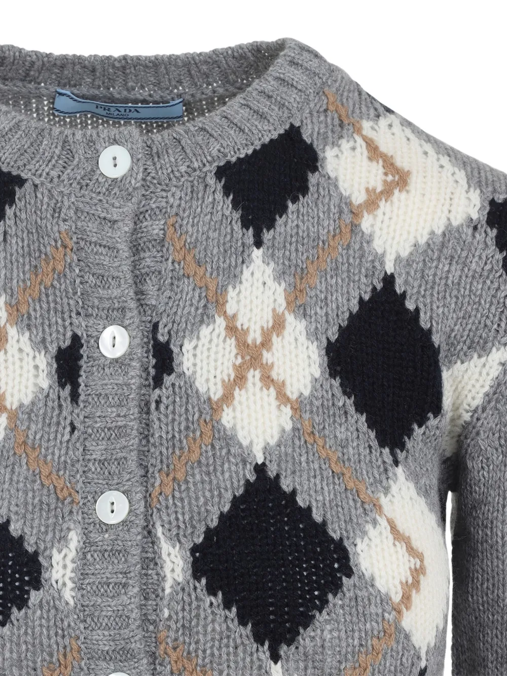 Prada Argyle Pattern Long Sleeve Knitwear Cardigan In Gray