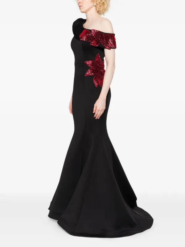 black sequin fishtail dress Annabella Black V Back Floral Plunge Sequin Fishtail Dress | Nazz Collection