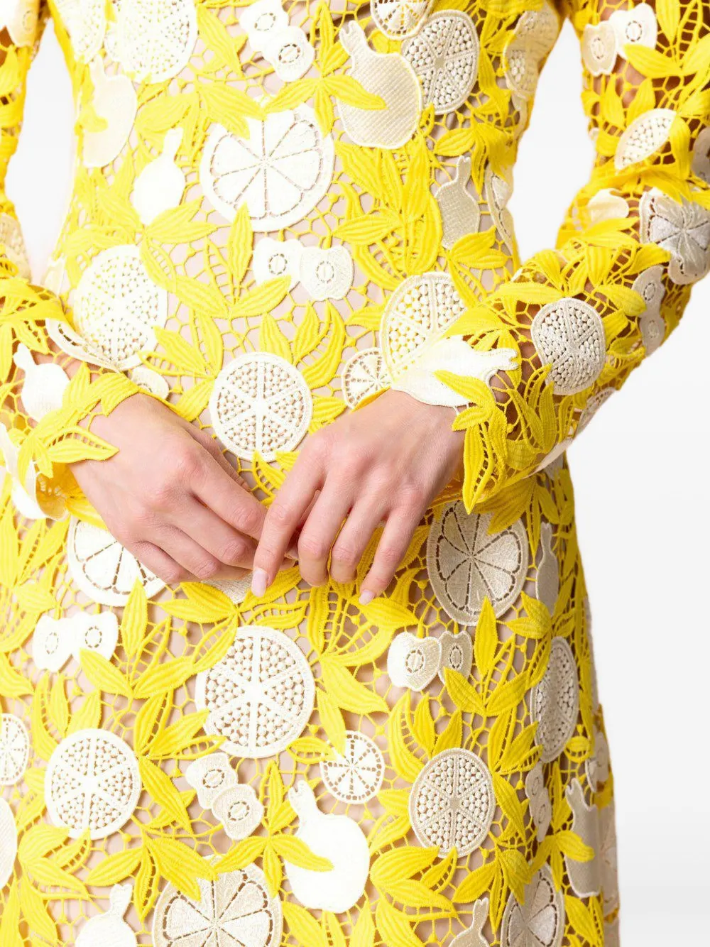 Lela Rose Holly Fruit-motif Lace Mini Dress In Yellow