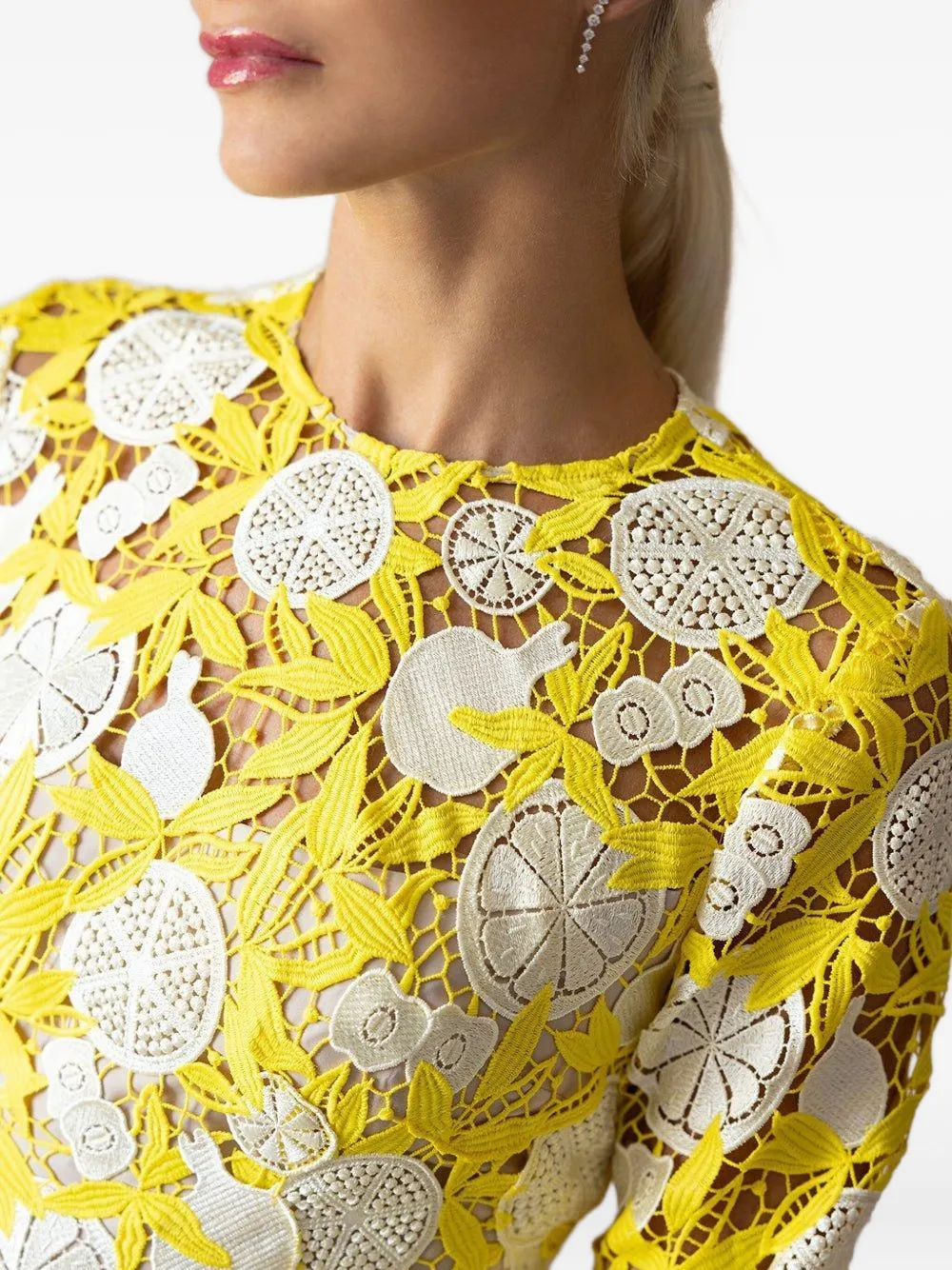 Lela Rose Holly Fruit-motif Lace Mini Dress In Yellow