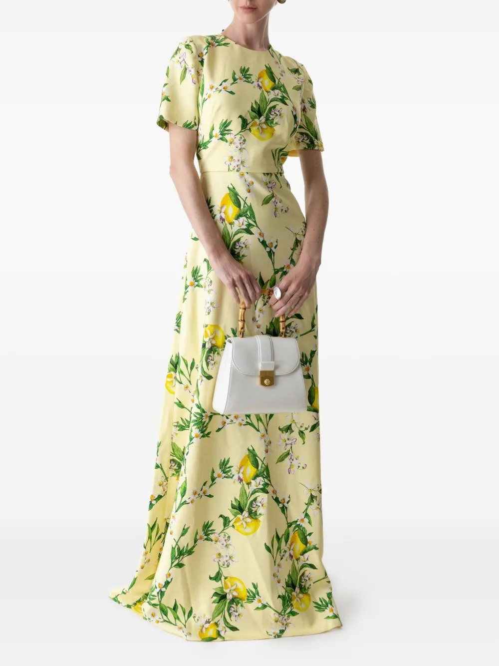 Monique Lhuillier Lemon-print Short-sleeve Gown In Yellow