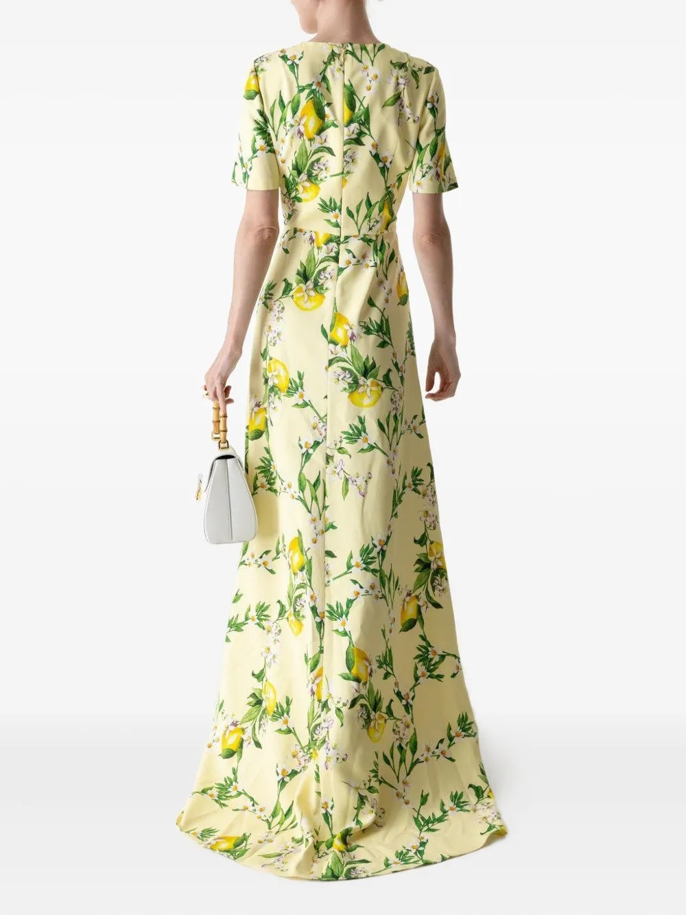 Monique Lhuillier Lemon-print Short-sleeve Gown In Yellow