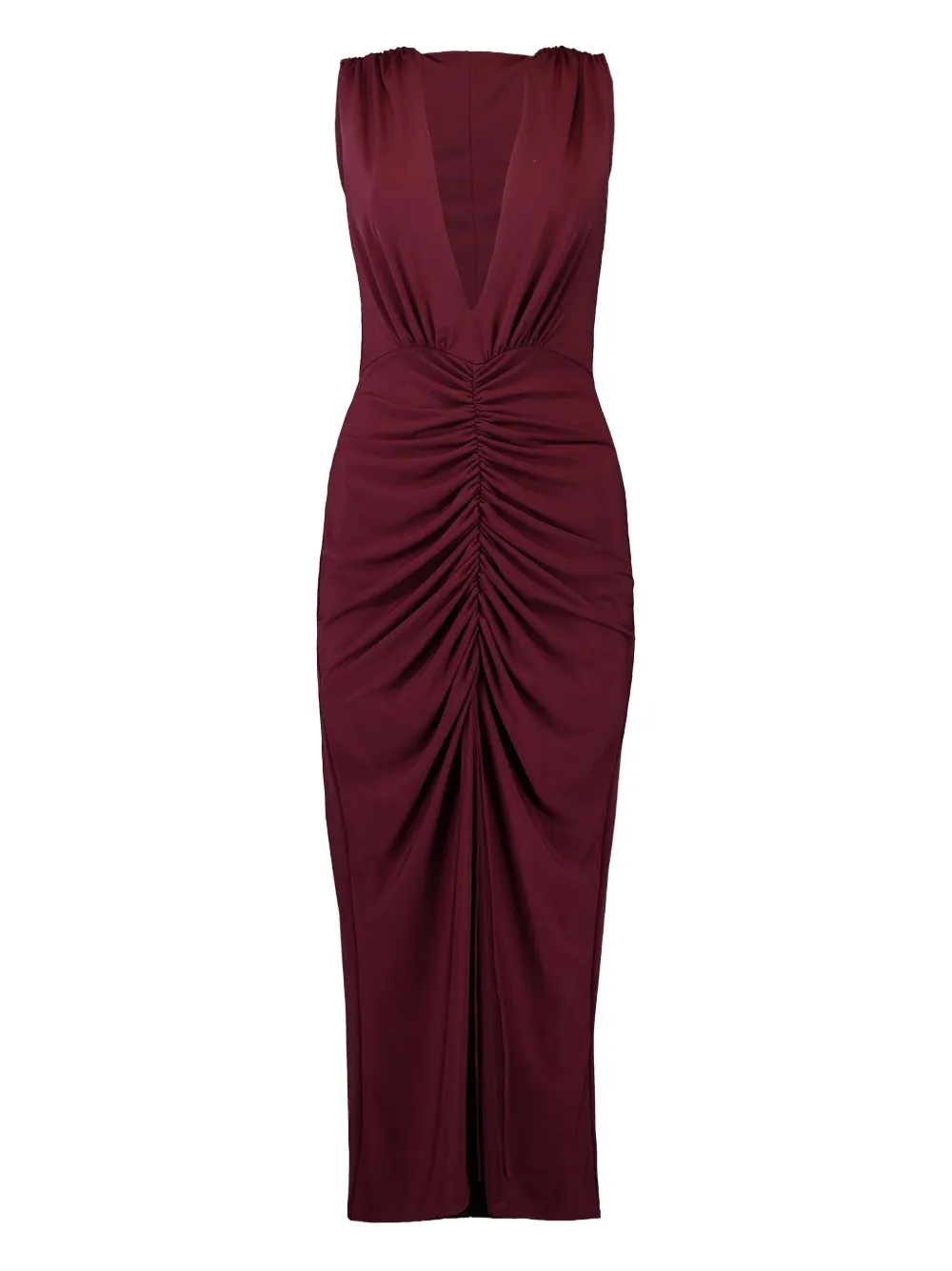 Jbq V-neck Ruched Midi Dress In Burgundy