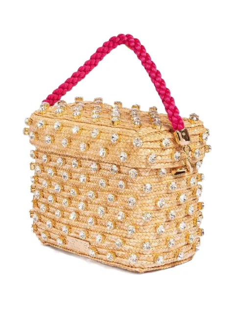Le Nine tote Euphoria Box mini de rafia con apliques de cristal
